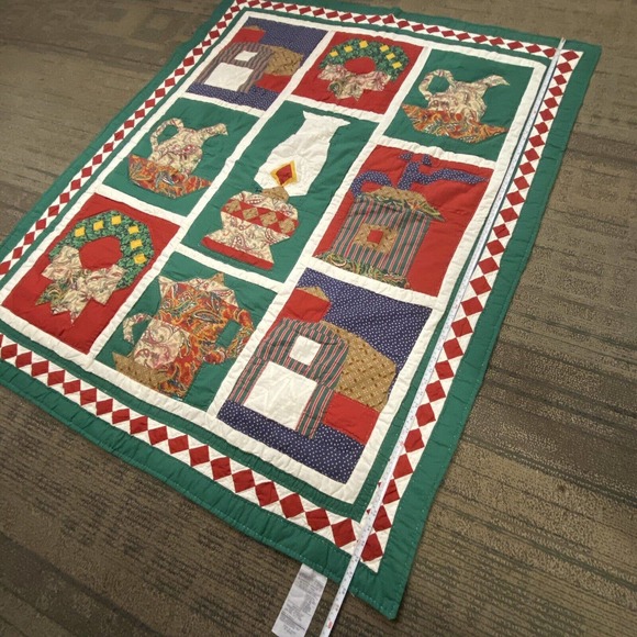 American Pacific Hand Quilted Green Christmas Holiday Themes Blanket 58” X 48” - Picture 3 of 12